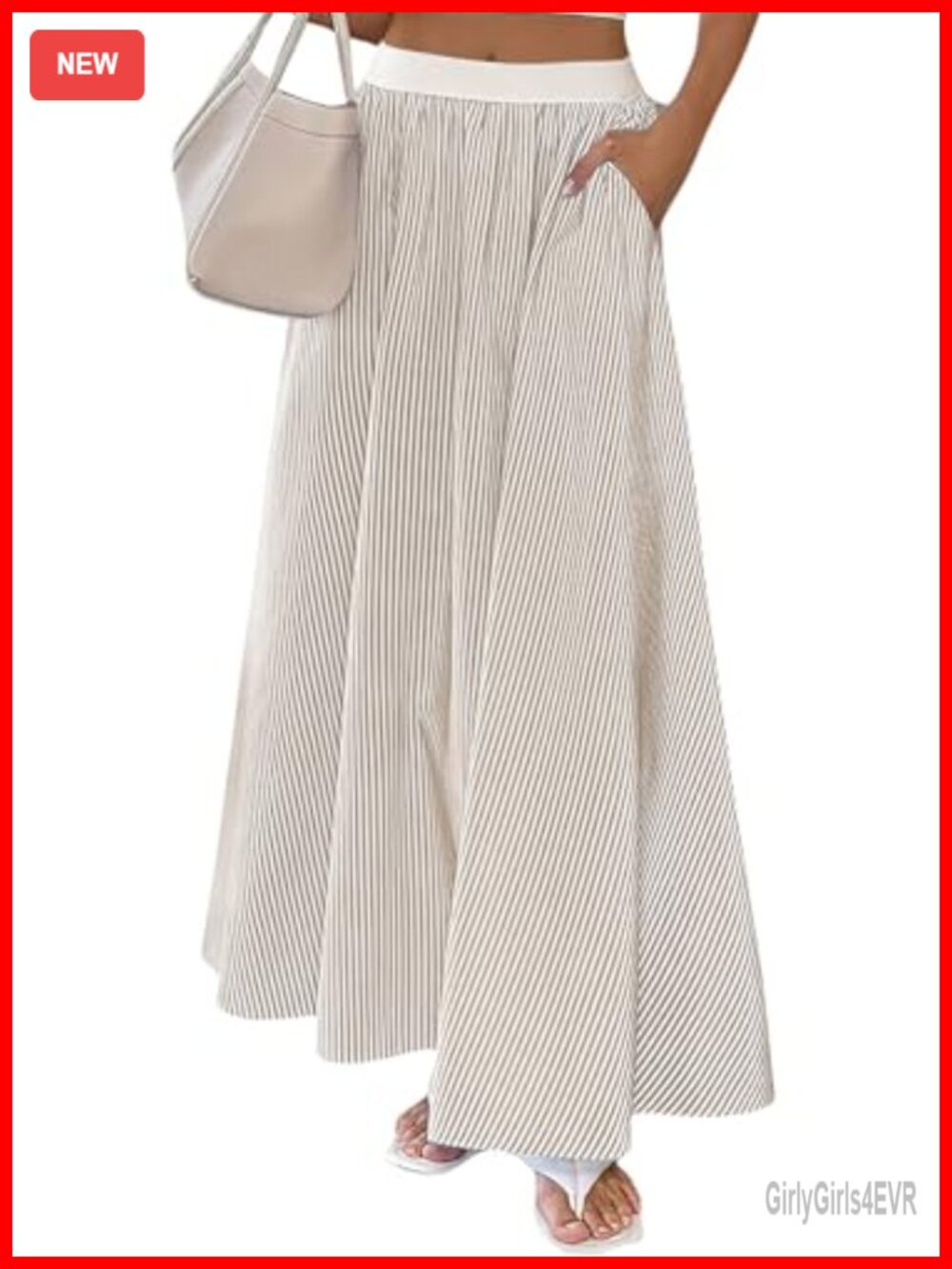 Women's Vertical Striped Maxi Skirt 100% Cotton Elastic Waist with Pockets